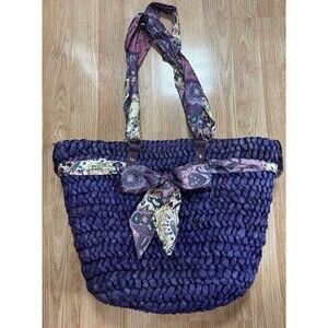 Purple Straw Woven Purse Handbag Tote With Scarf Handles Zip Top Lined Bow